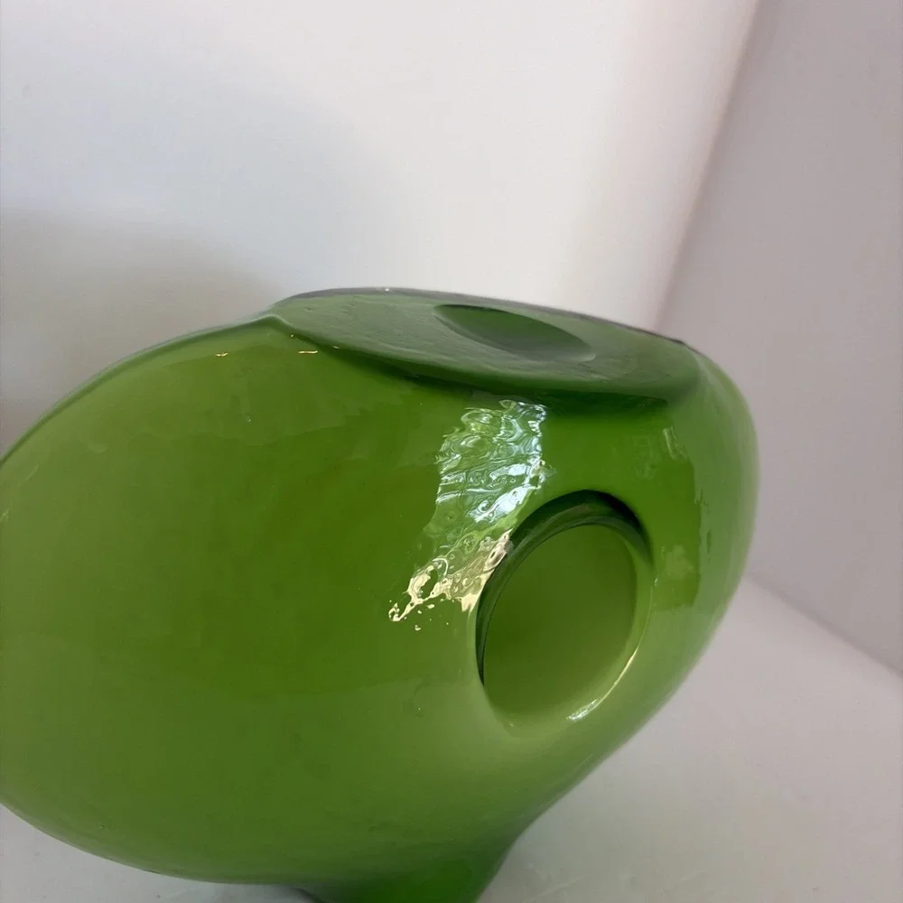 Vintage Green Glass Cased Hand Blown Art Glass Donut Hole Vase MCM Style